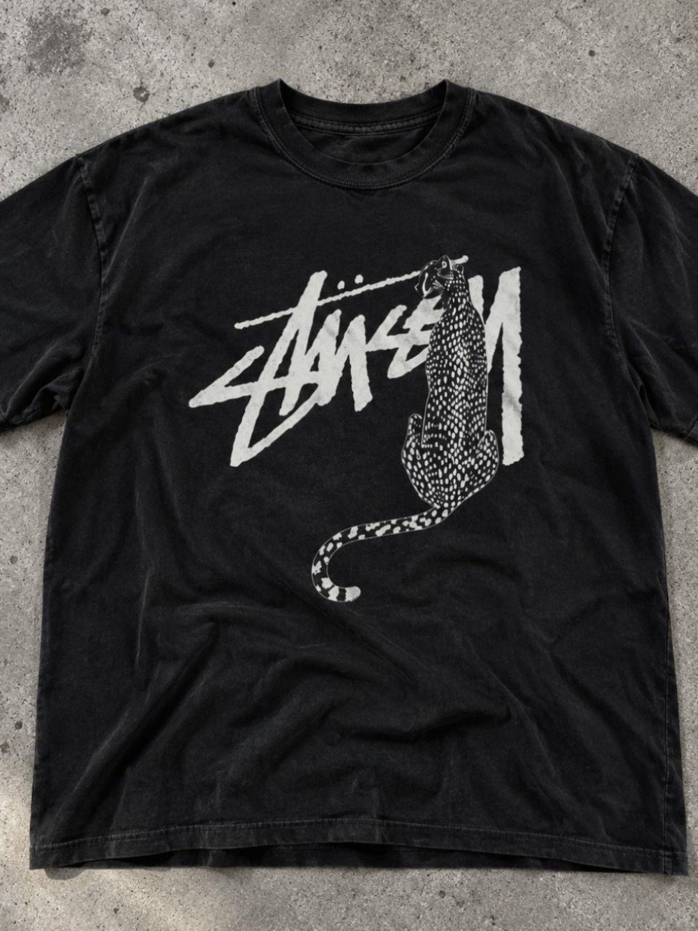 Gildan Black Tee with White Stussy Script and Leopard Graphic